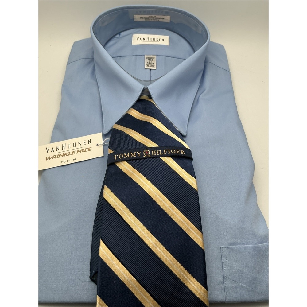 NWT Van Huesen Wrinkle Free Blue Dress Shirt XL 17 32/33 Tommy Hilfiger Silk Tie - Picture 1 of 8